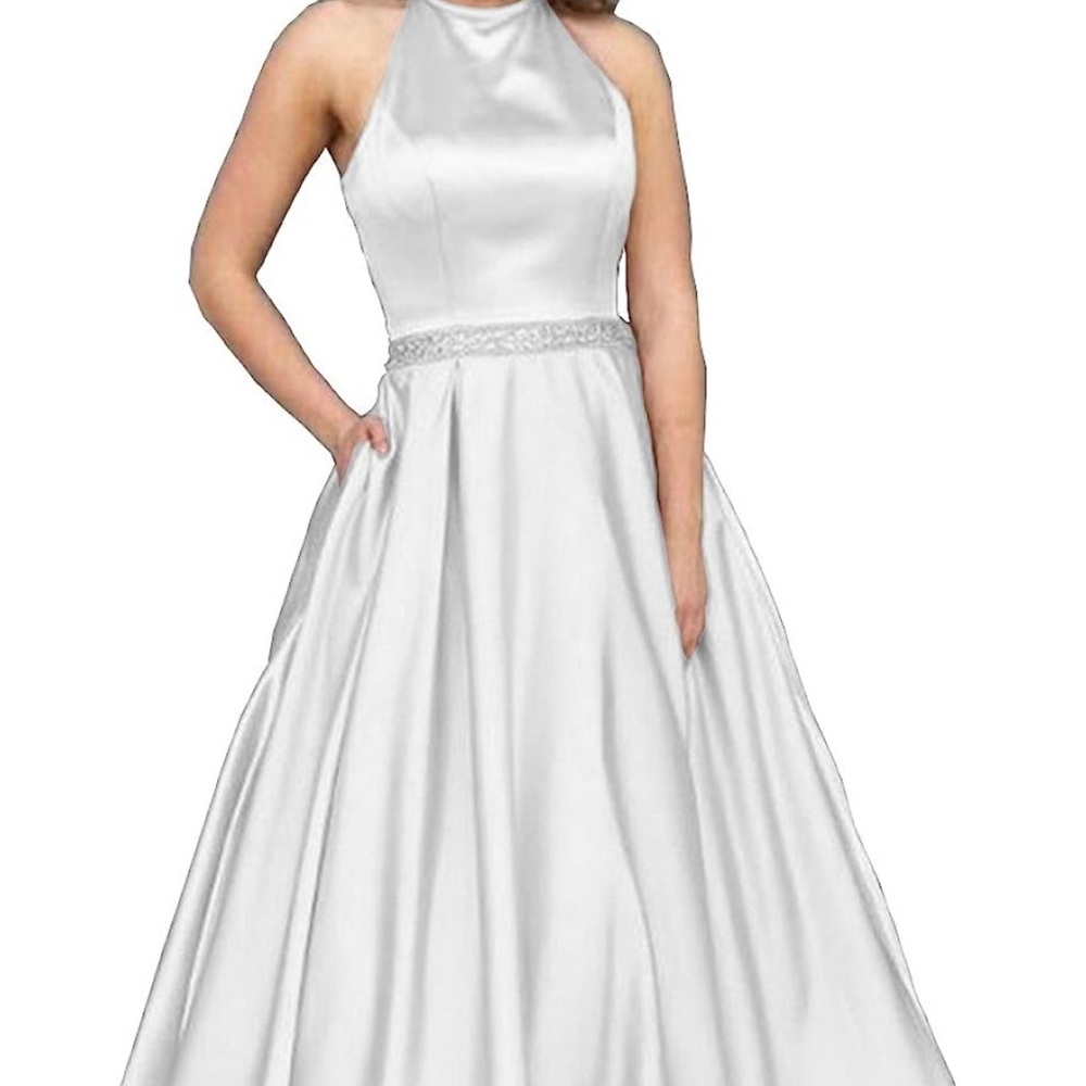 Women's Long Beaded Halter Satin Prom Dress A Line
